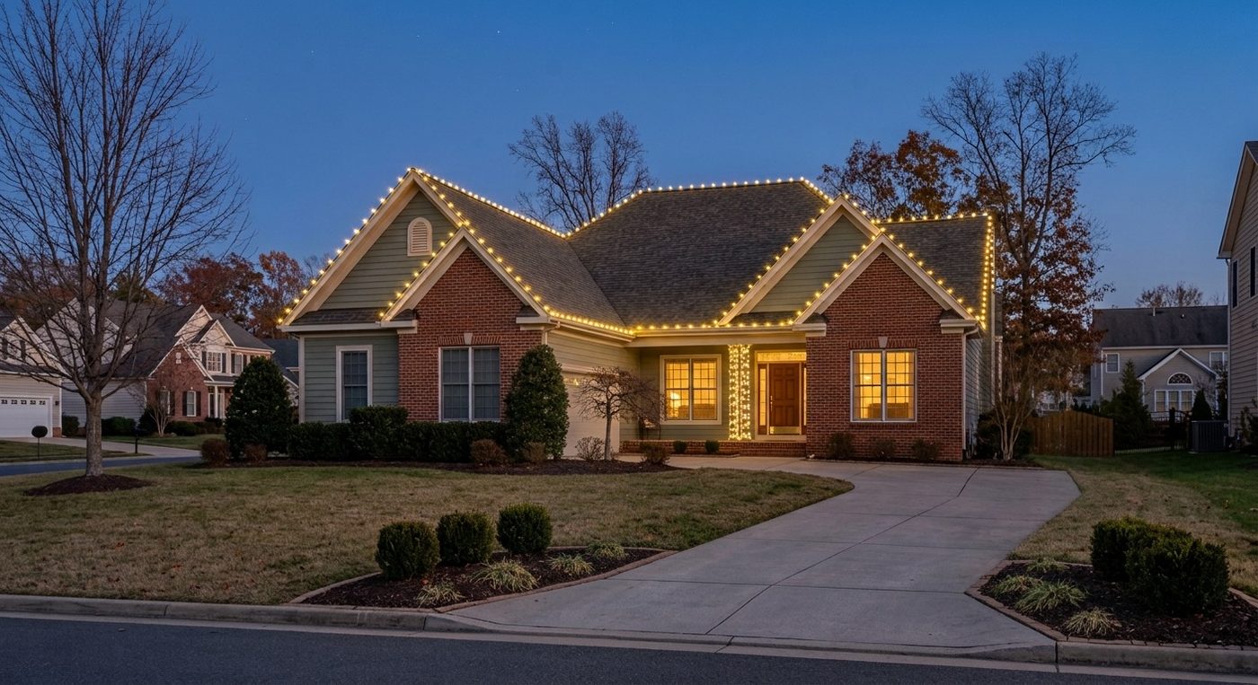 Roofline holiday lighting on a brick home