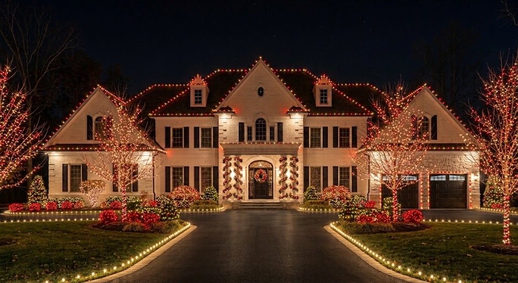 Grand colonial home with red and white holiday lighting and garland