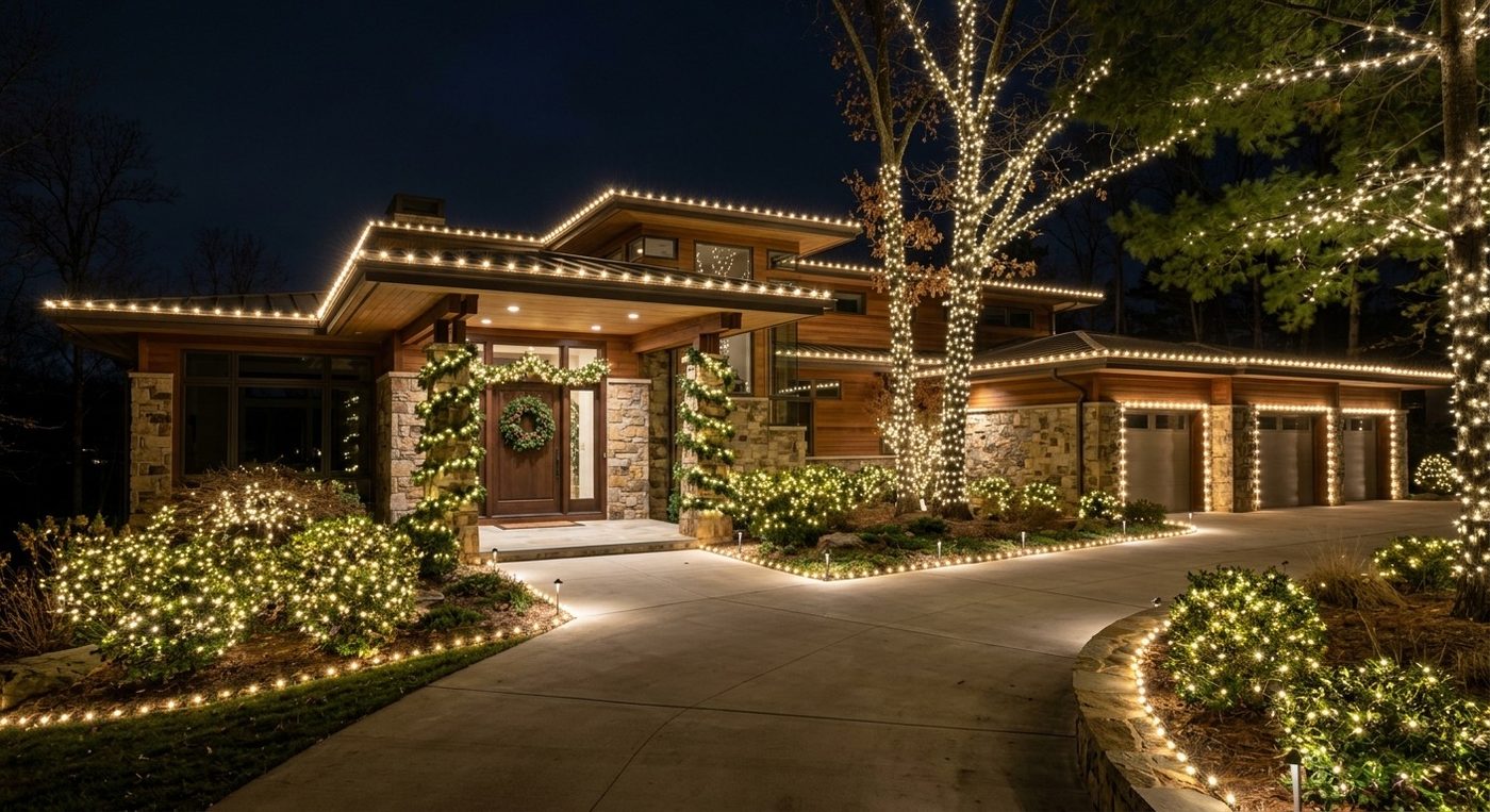 Modern home with warm white roofline and tree lighting