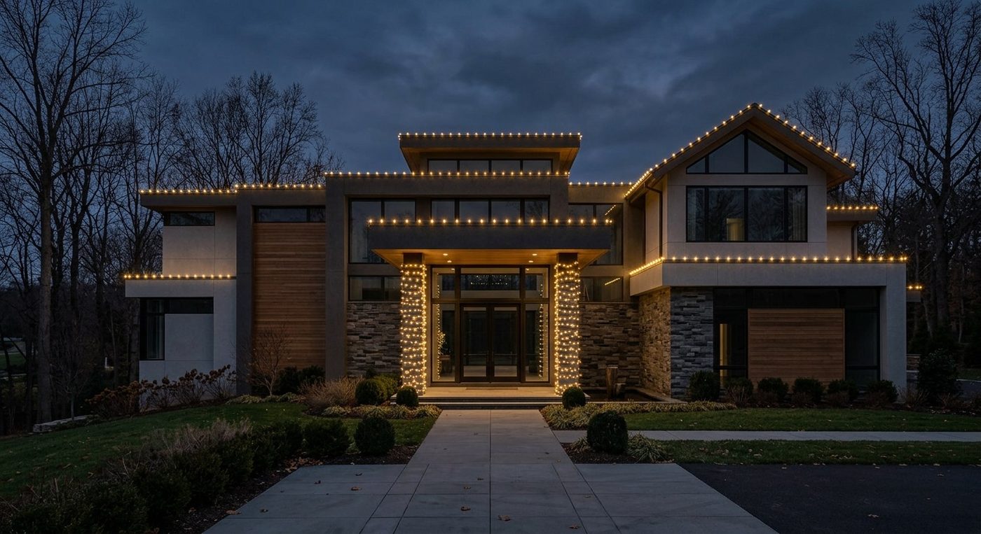 Contemporary home with elegant white holiday lighting