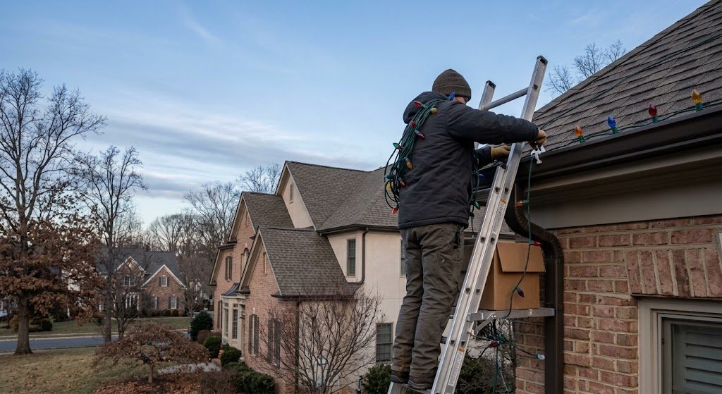 Santa's Sidekicks crew member installing roofline lights
