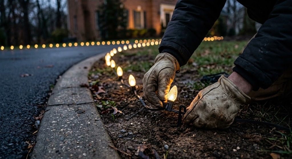 Santa's Sidekicks crew member installing pathway lighting